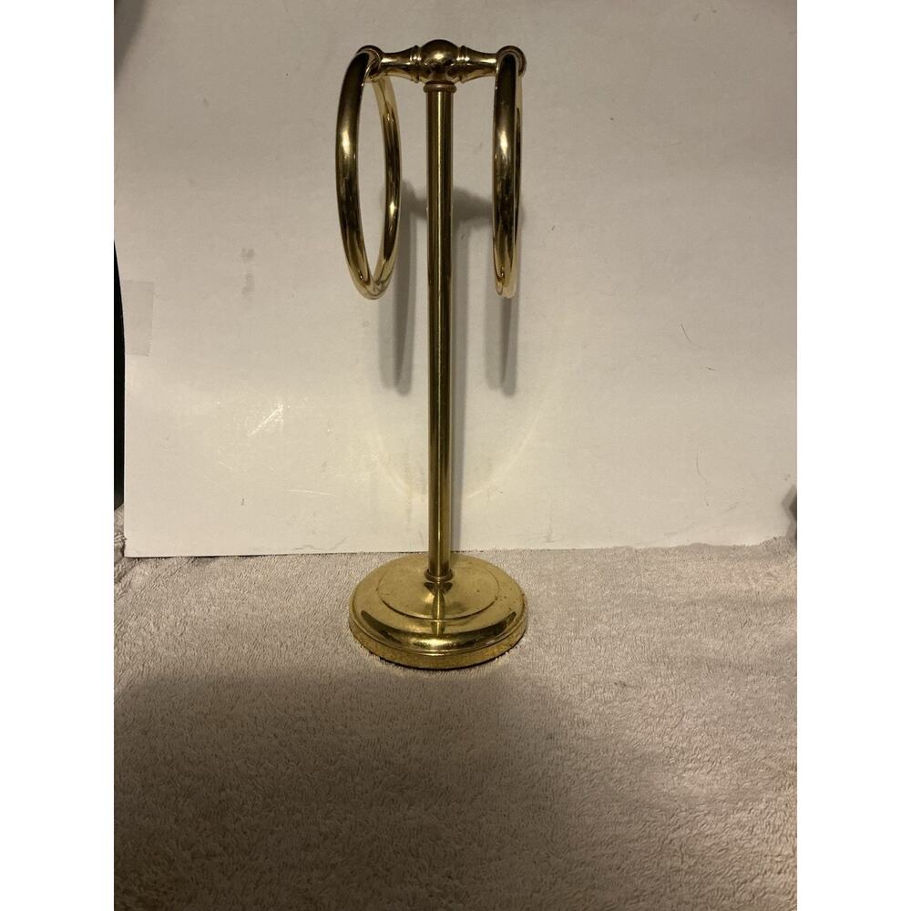 Vintage Brass Hand Towel Holder Stand Double Ring Bathroom Countertop MCM Gold - Picture 9 of 9